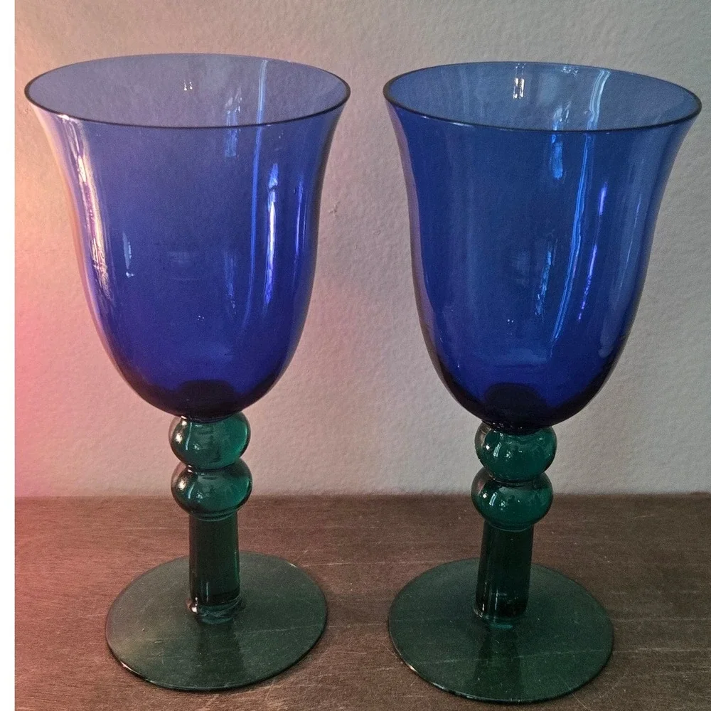 Vintage Cobalt Blue Emerald Green Art Glass Wine Goblets Pair 7.5